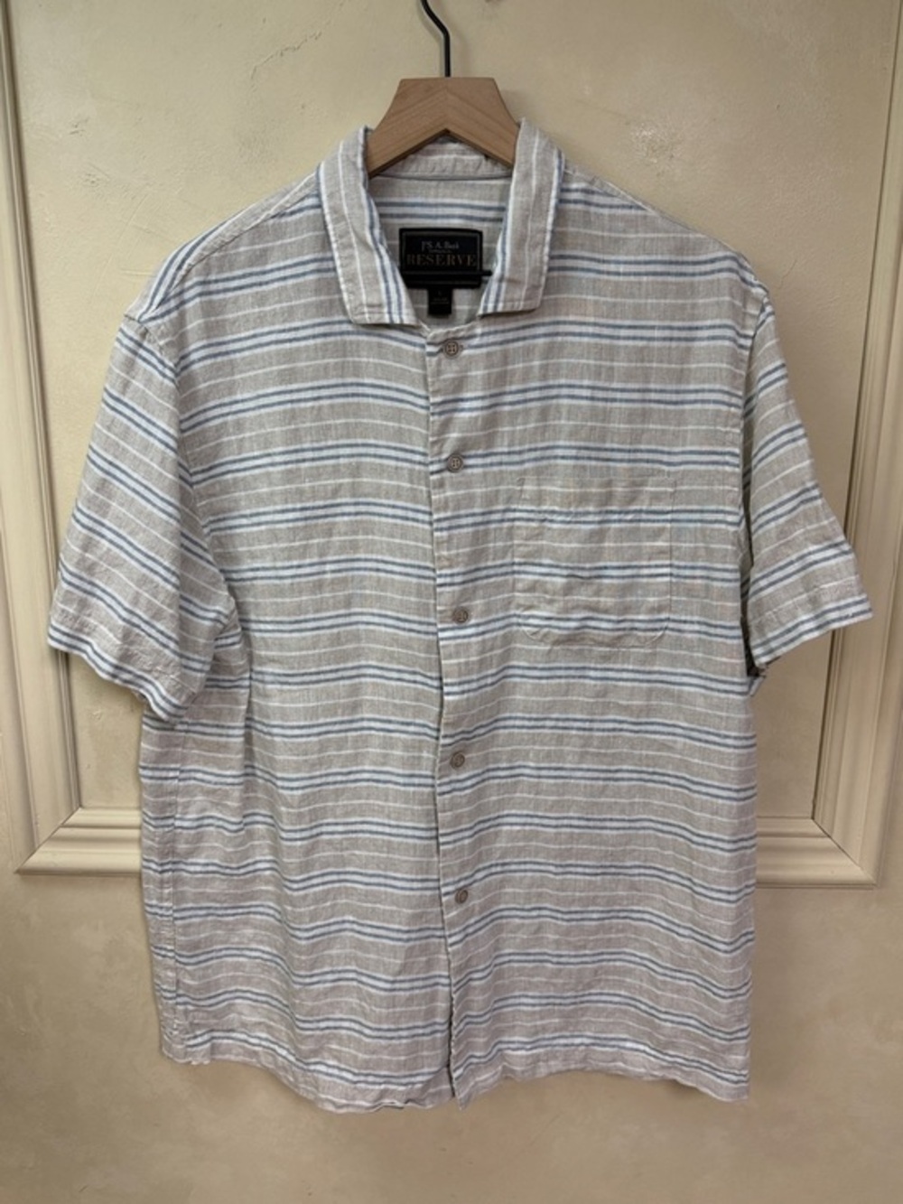 Jos A. Bank Reserve LINEN Shirt Mens Large Beige Stripe Button Up Short Sleeve